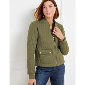 Talbots Womens Medium Quilted Bomber Jacket Olive Green Floral Lining Full Zip